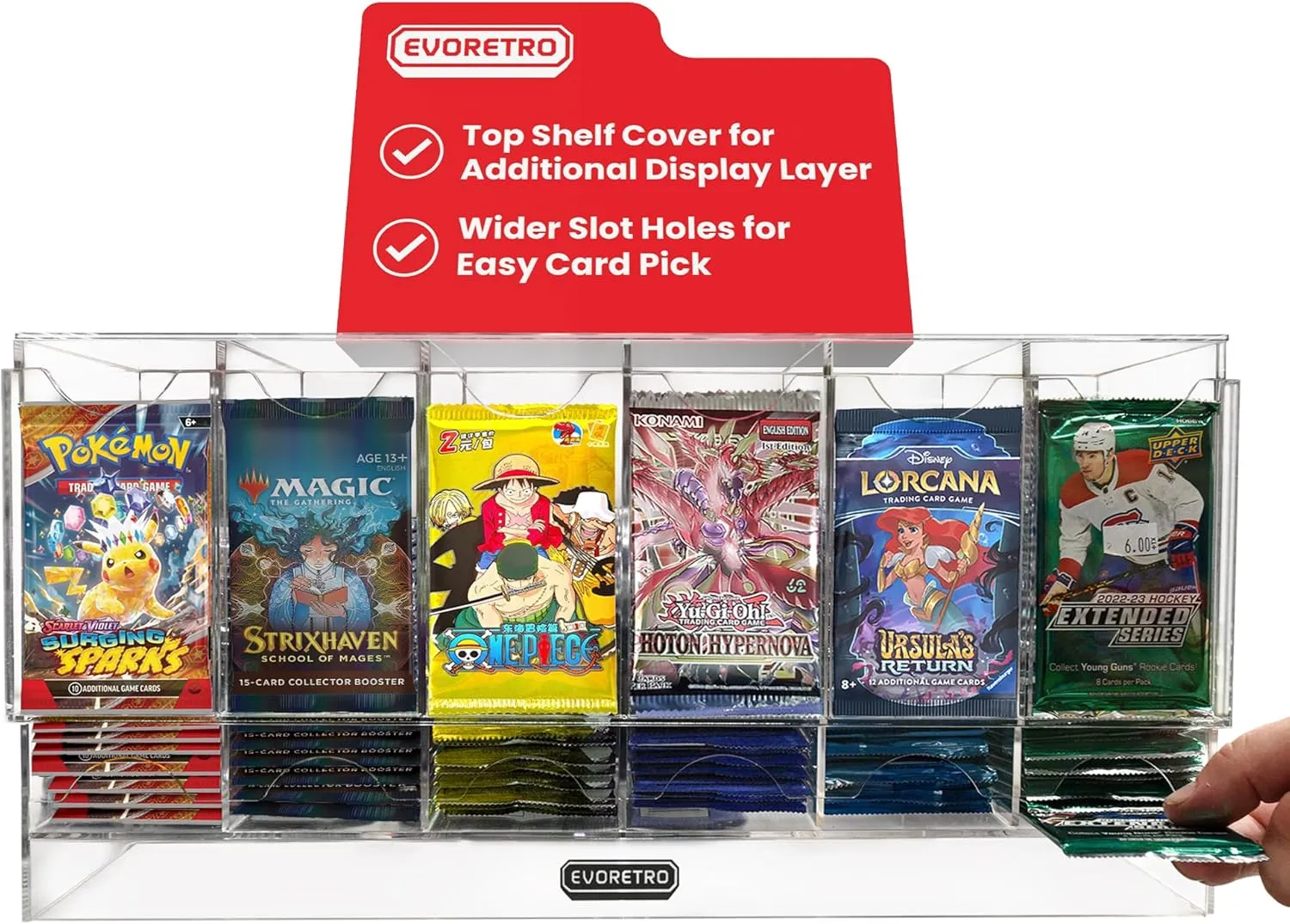Booster Pack Dispenser 6 Slot for Pokemon, MTG, Lorcana, YuGiOh, One Piece - Acrylic TCG Organizer Display Case