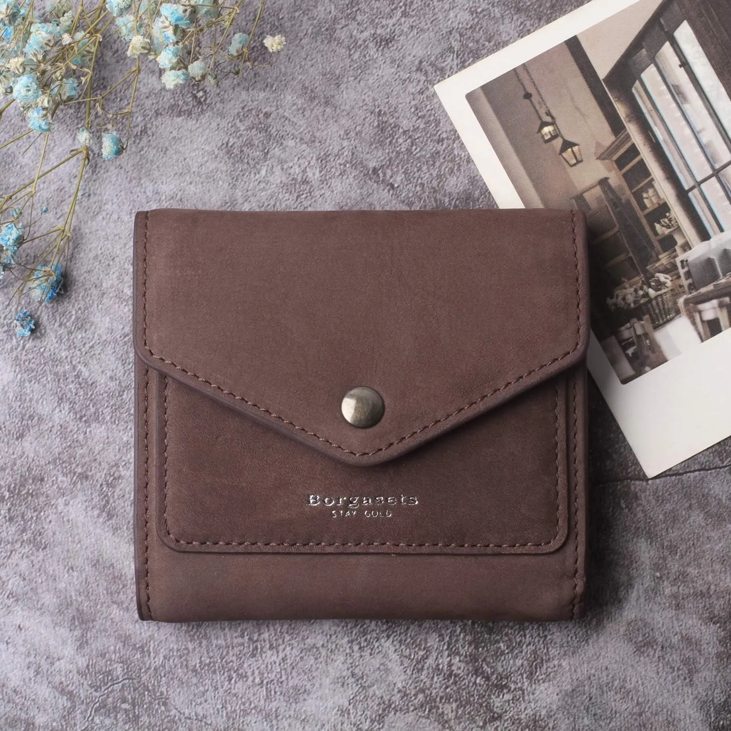 Borgasets Small Wallet for Women Genuine Leather RFID Blocking Card Holder Organizer Pocket Compact Bifold Ladies Mini Purse