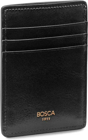 Bosca Men's Leather Card Holder Wallet & ID Case With Magnetic Money Clip, 3 Card Slots, Top Loading Currency Slot For Front Pocket, Full Grain Tanned Leather - Gift Packaging, Black
