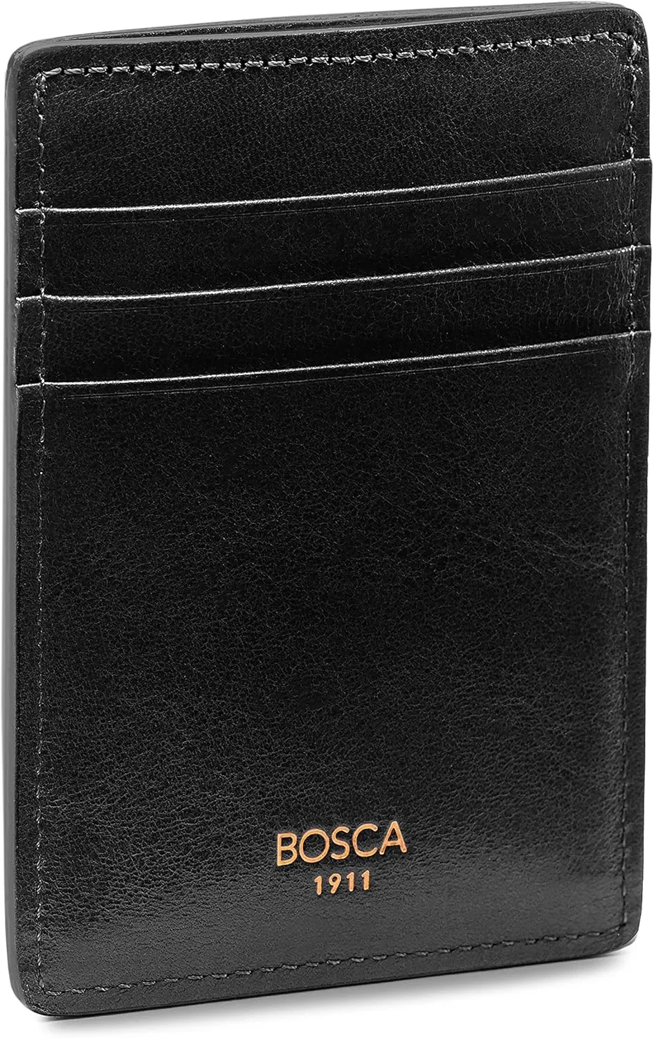 Bosca Men's Leather Card Holder Wallet & ID Case With Magnetic Money Clip, 3 Card Slots, Top Loading Currency Slot For Front Pocket, Full Grain Tanned Leather - Gift Packaging, Black