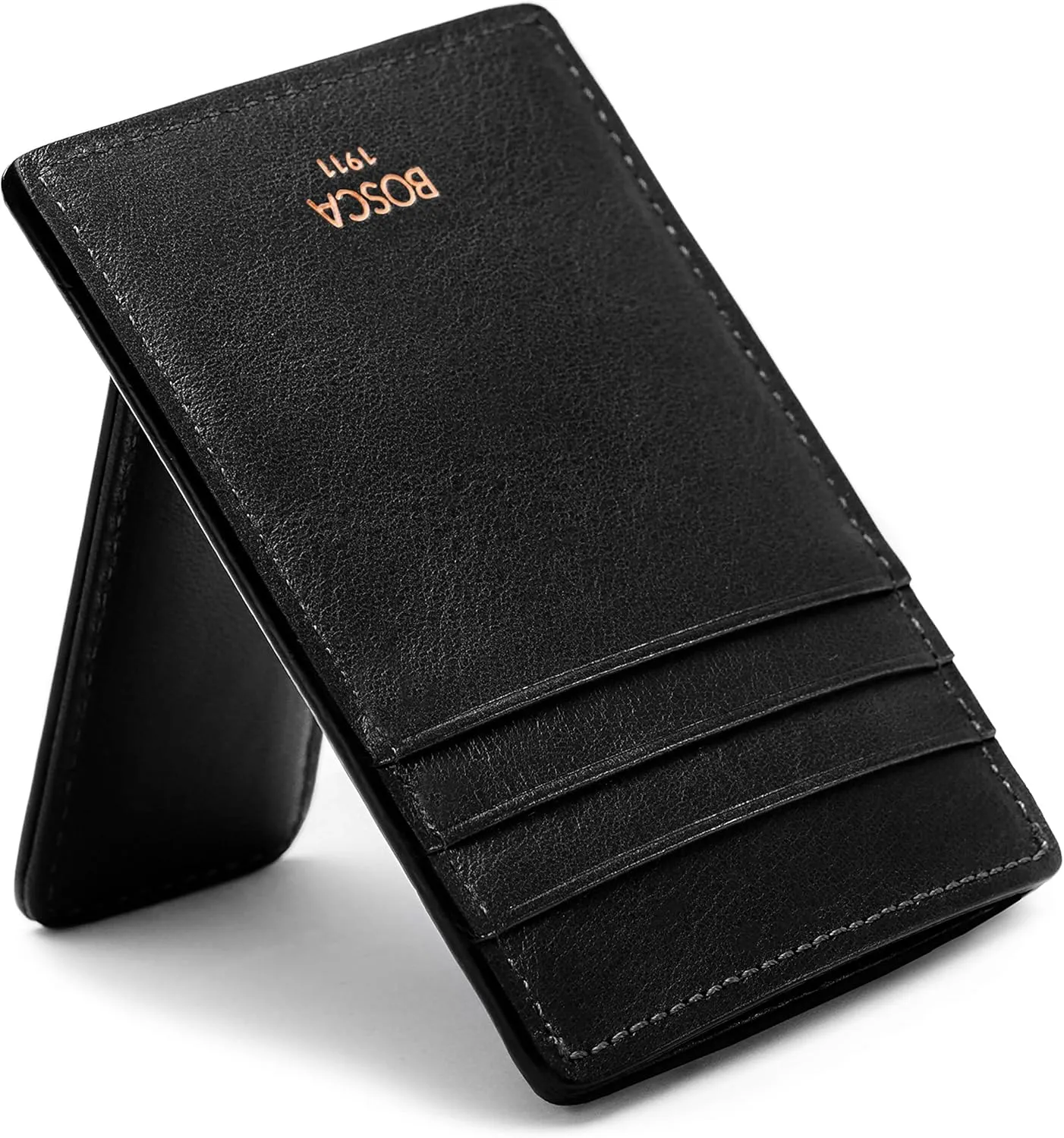 Bosca Men's Leather Card Holder Wallet & ID Case With Magnetic Money Clip, 3 Card Slots, Top Loading Currency Slot For Front Pocket, Full Grain Tanned Leather - Gift Packaging, Black