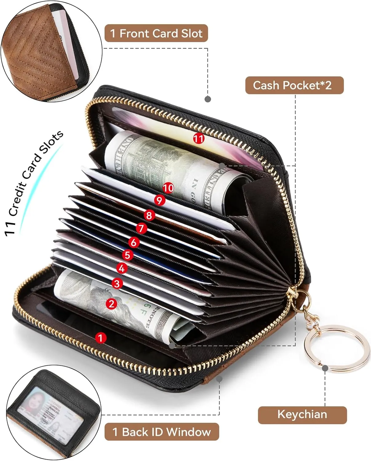 BOSTANTEN Credit Card Holder Wallet RFID Blocking Leather Small Wallet for Women Zipper Keychain Wallet with Wristlet Brown＆Black