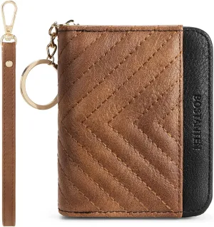 BOSTANTEN Credit Card Holder Wallet RFID Blocking Leather Small Wallet for Women Zipper Keychain Wallet with Wristlet Brown＆Black