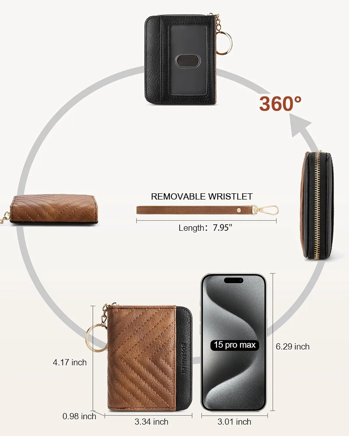 BOSTANTEN Credit Card Holder Wallet RFID Blocking Leather Small Wallet for Women Zipper Keychain Wallet with Wristlet Brown＆Black