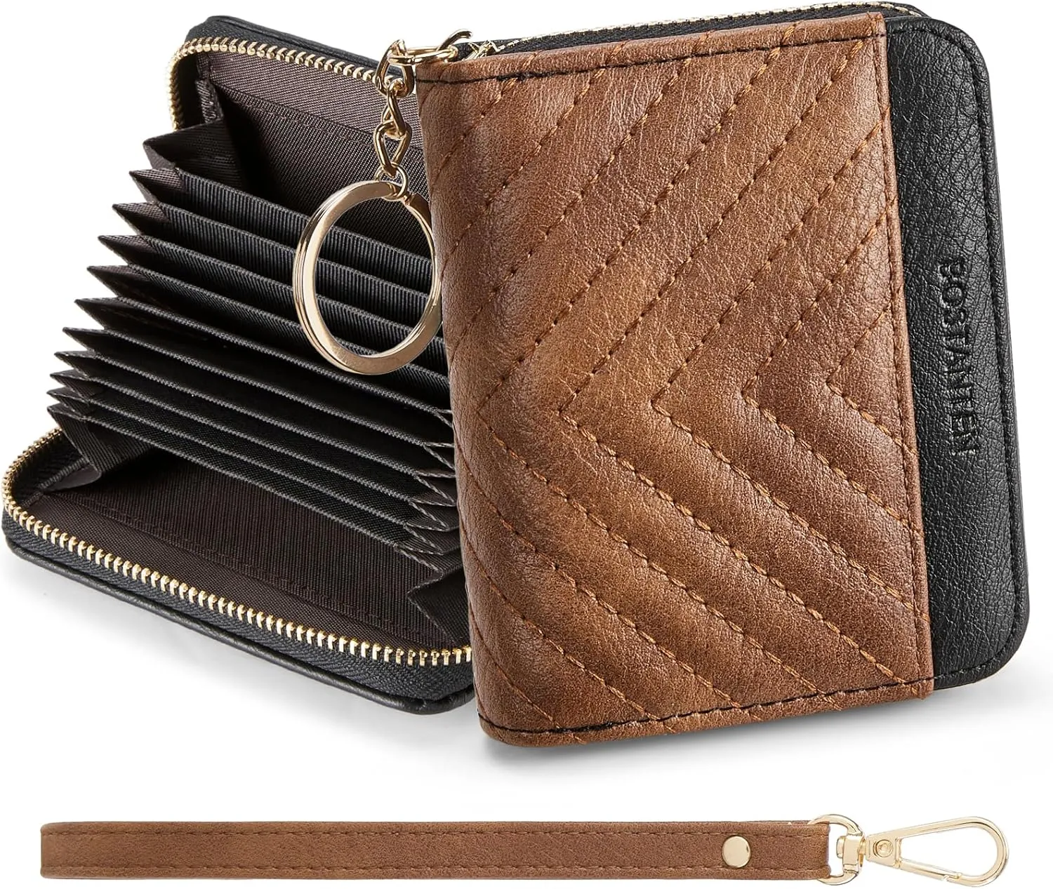 BOSTANTEN Credit Card Holder Wallet RFID Blocking Leather Small Wallet for Women Zipper Keychain Wallet with Wristlet Brown＆Black