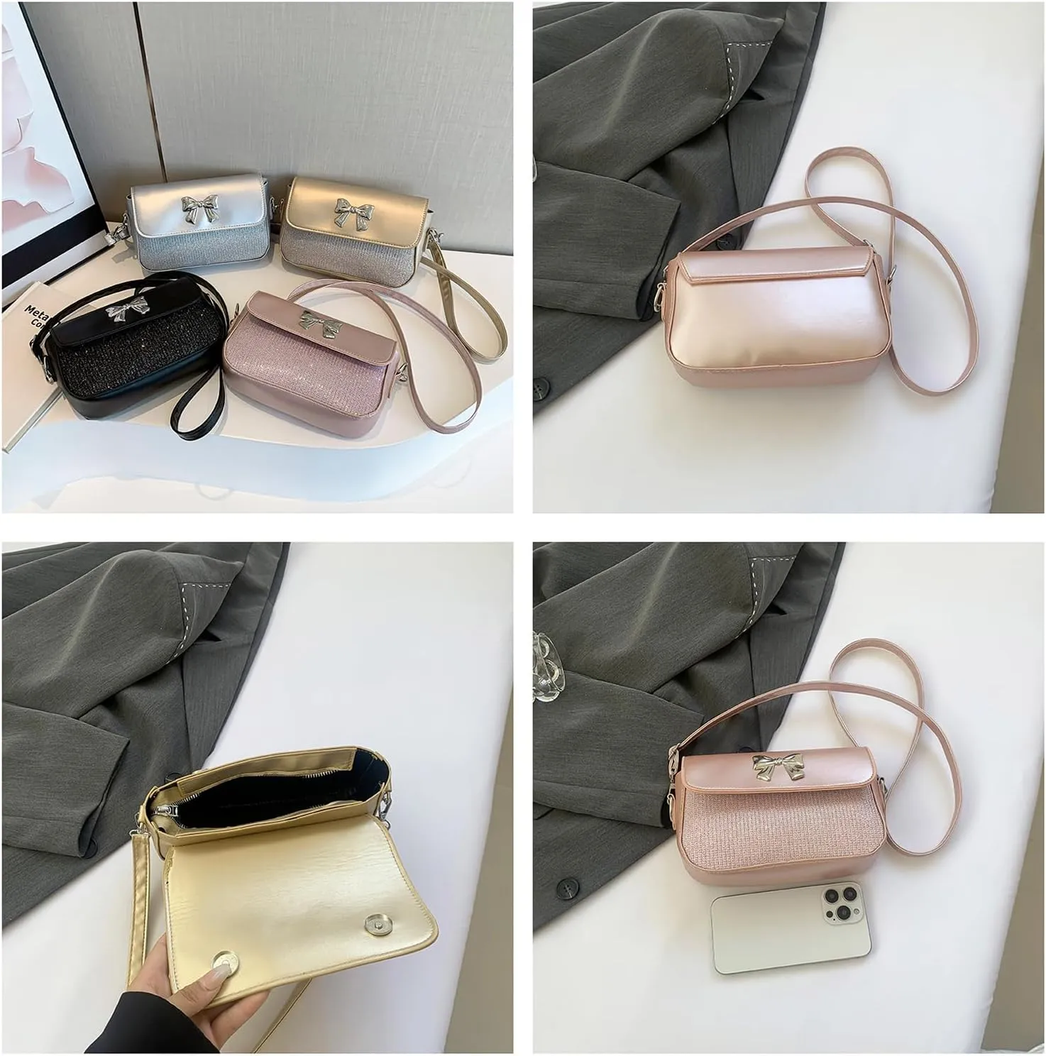Bow Purse for Women Glitter Dressy Chain Crossbody Purse Cute Y2k Bow Metallic Small Wedding Handbag Pocketbook