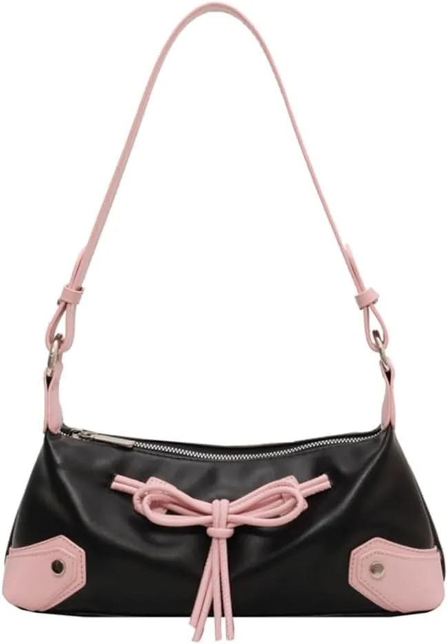 Bow Tie Trendy Shoulder Bag PU Leather Shoulder Purse Contrast Color Underarm Bag Shopping Dating Bag for Women an