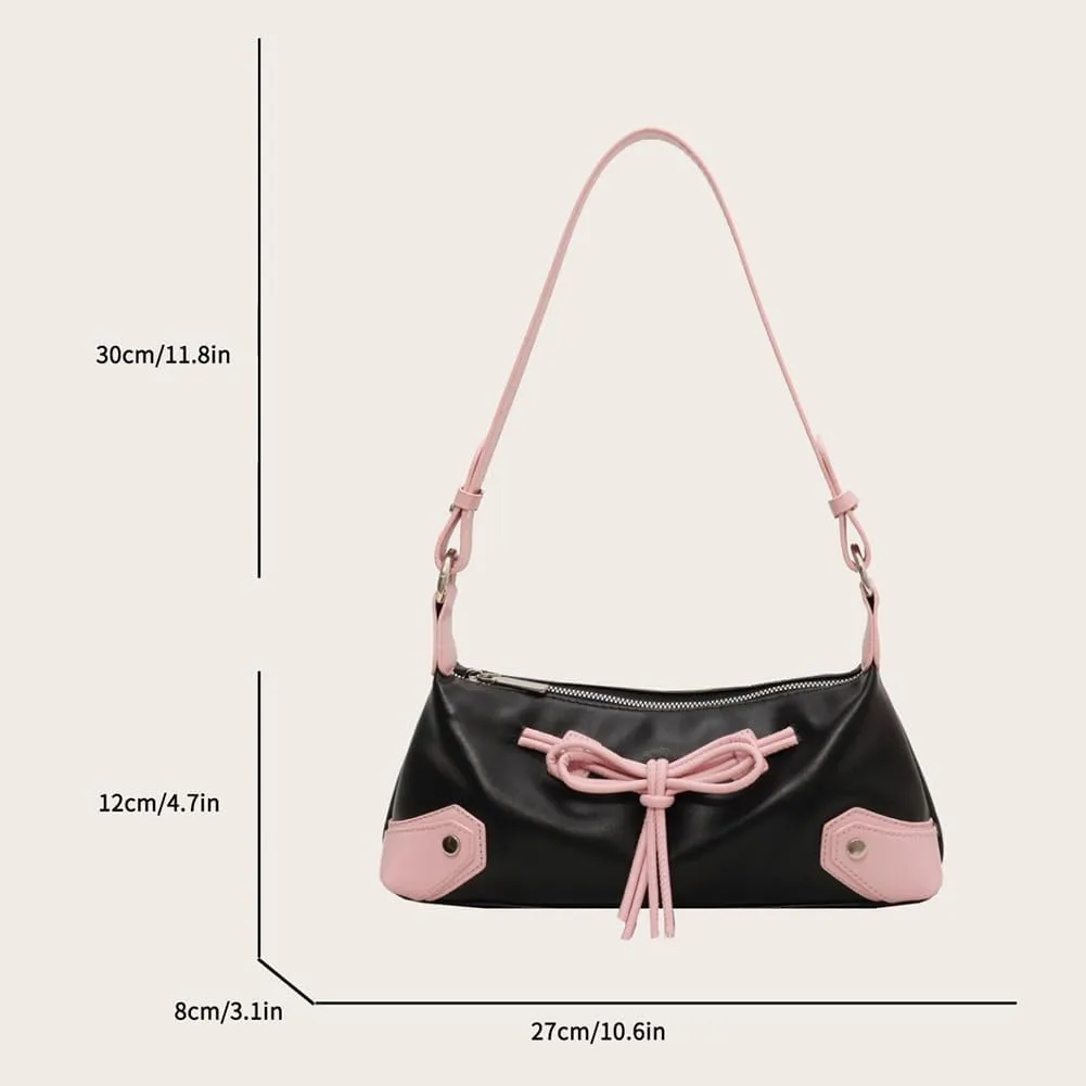 Bow Tie Trendy Shoulder Bag PU Leather Shoulder Purse Contrast Color Underarm Bag Shopping Dating Bag for Women an