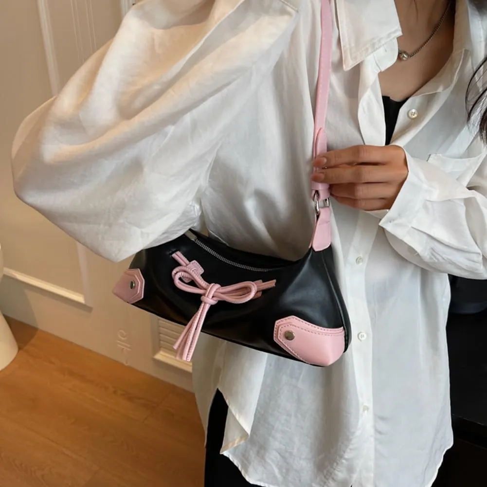 Bow Tie Trendy Shoulder Bag PU Leather Shoulder Purse Contrast Color Underarm Bag Shopping Dating Bag for Women an
