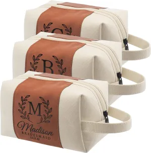 Bridesmaid Gifts Set of 3, Personalized Toiletry Bag for Women, 3 Design & 4 Color, Custom w/Name, Title, Date, Bridesmaid Proposal Gifts, Bridal Shower Gift, Bachalorette Party Favors, D1 - CHESTNUT