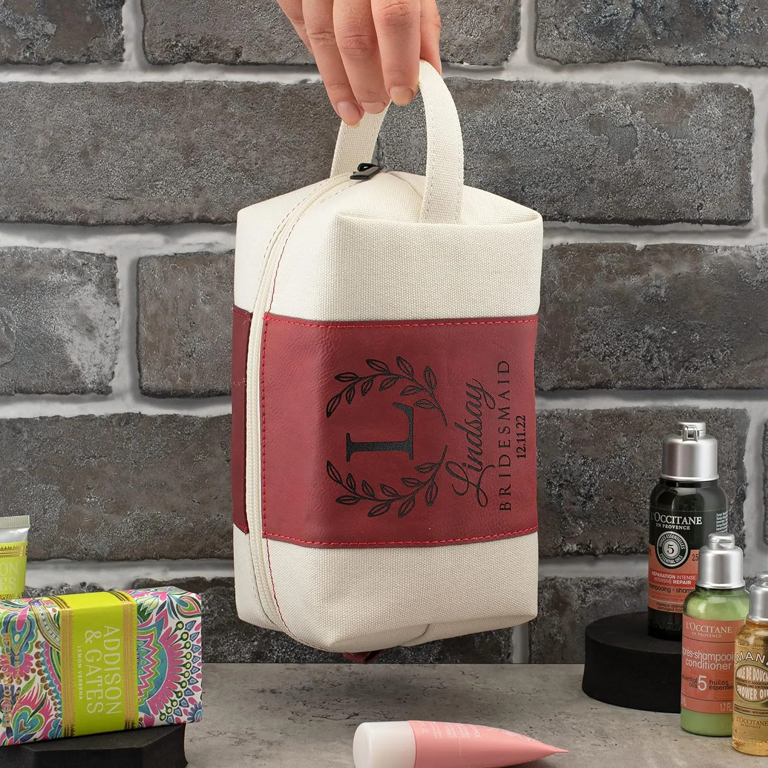 Bridesmaid Gifts Set of 3, Personalized Toiletry Bag for Women, 3 Design & 4 Color, Custom w/Name, Title, Date, Bridesmaid Proposal Gifts, Bridal Shower Gift, Bachalorette Party Favors, D1 - CHESTNUT