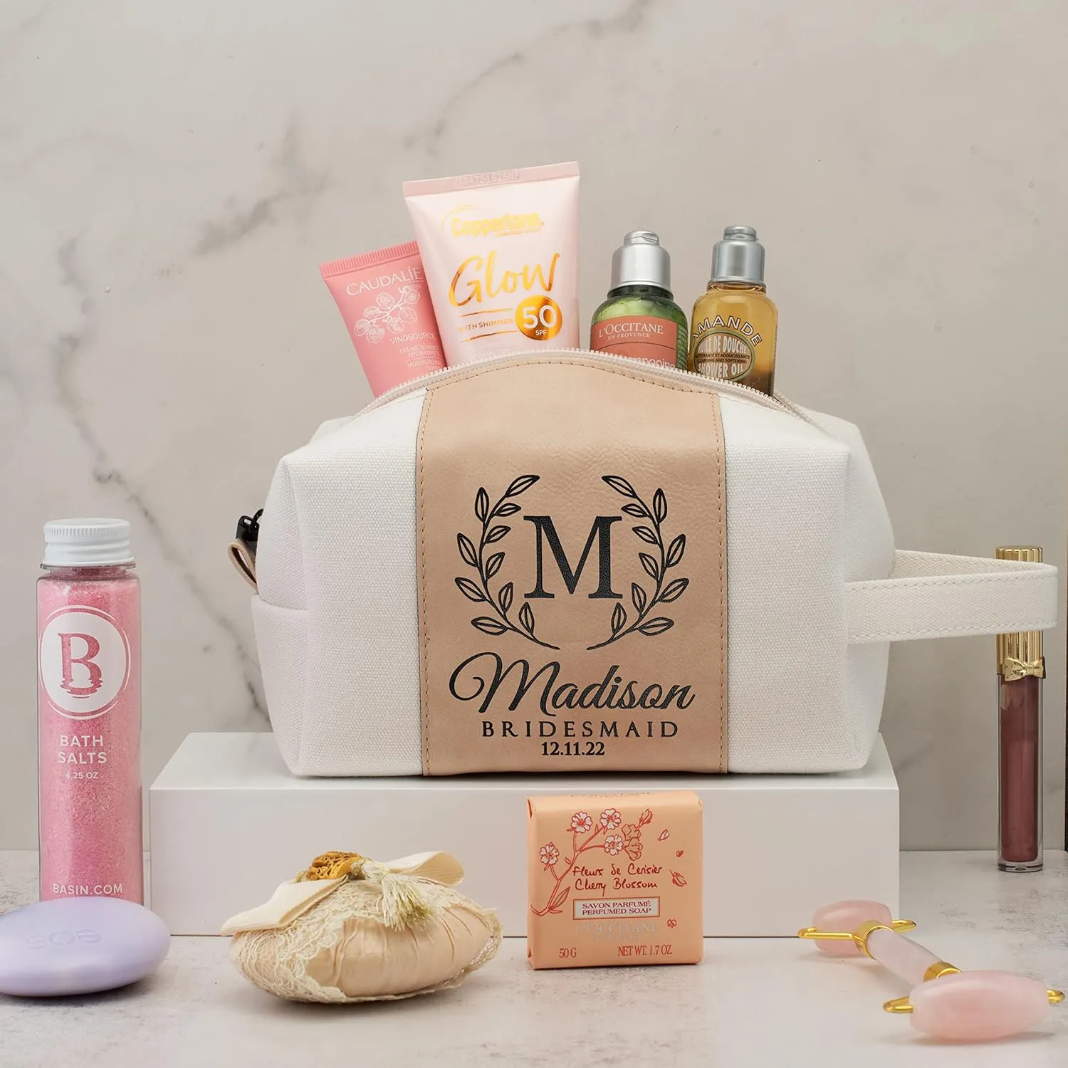 Bridesmaid Gifts Set of 3, Personalized Toiletry Bag for Women, 3 Design & 4 Color, Custom w/Name, Title, Date, Bridesmaid Proposal Gifts, Bridal Shower Gift, Bachalorette Party Favors, D1 - CHESTNUT