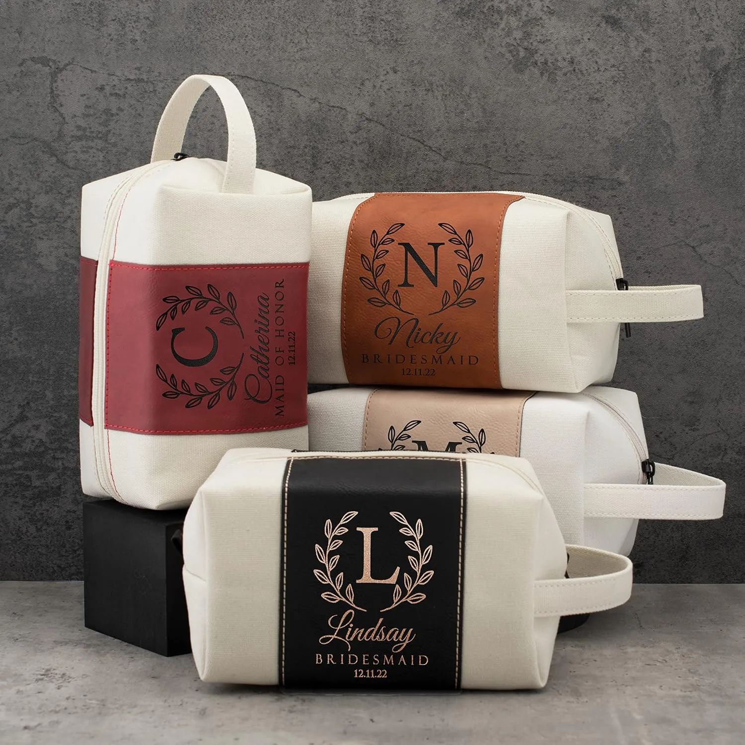 Bridesmaid Gifts Set of 3, Personalized Toiletry Bag for Women, 3 Design & 4 Color, Custom w/Name, Title, Date, Bridesmaid Proposal Gifts, Bridal Shower Gift, Bachalorette Party Favors, D1 - CHESTNUT
