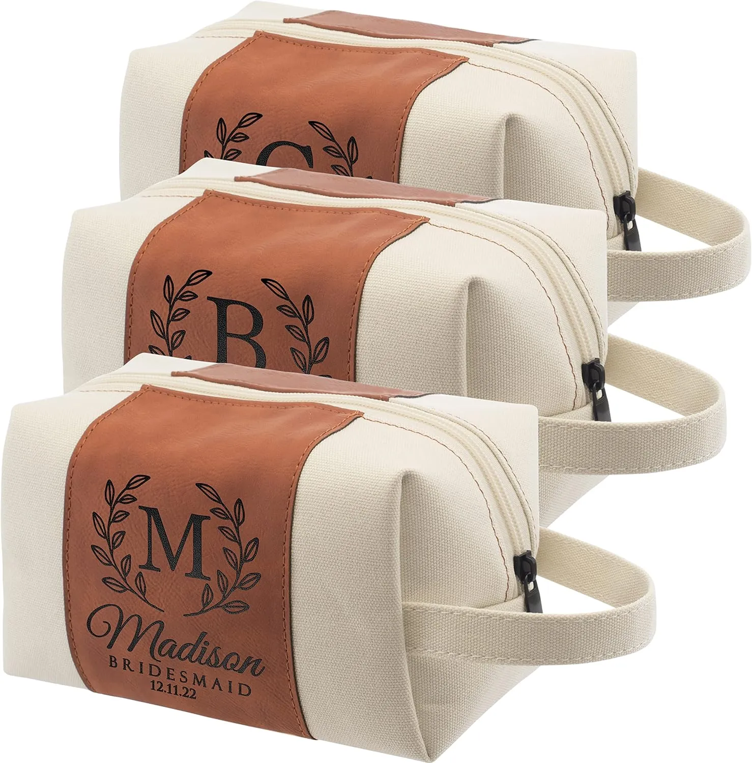 Bridesmaid Gifts Set of 3, Personalized Toiletry Bag for Women, 3 Design & 4 Color, Custom w/Name, Title, Date, Bridesmaid Proposal Gifts, Bridal Shower Gift, Bachalorette Party Favors, D1 - CHESTNUT