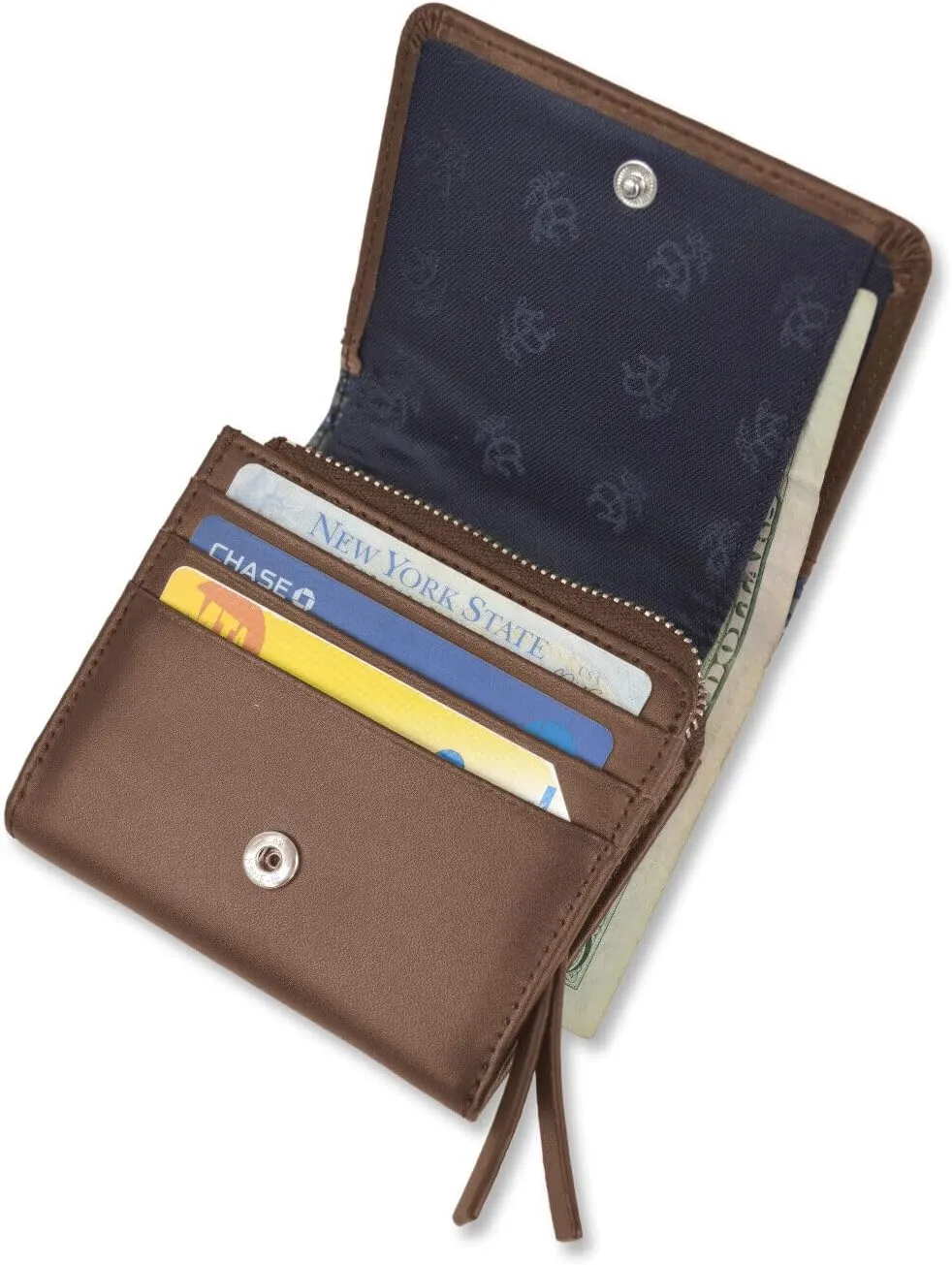 Brooks Brothers Tri-Fold Fold Over Zipper Pocket Wallet Small Leather Wallet, (136830 Brown)