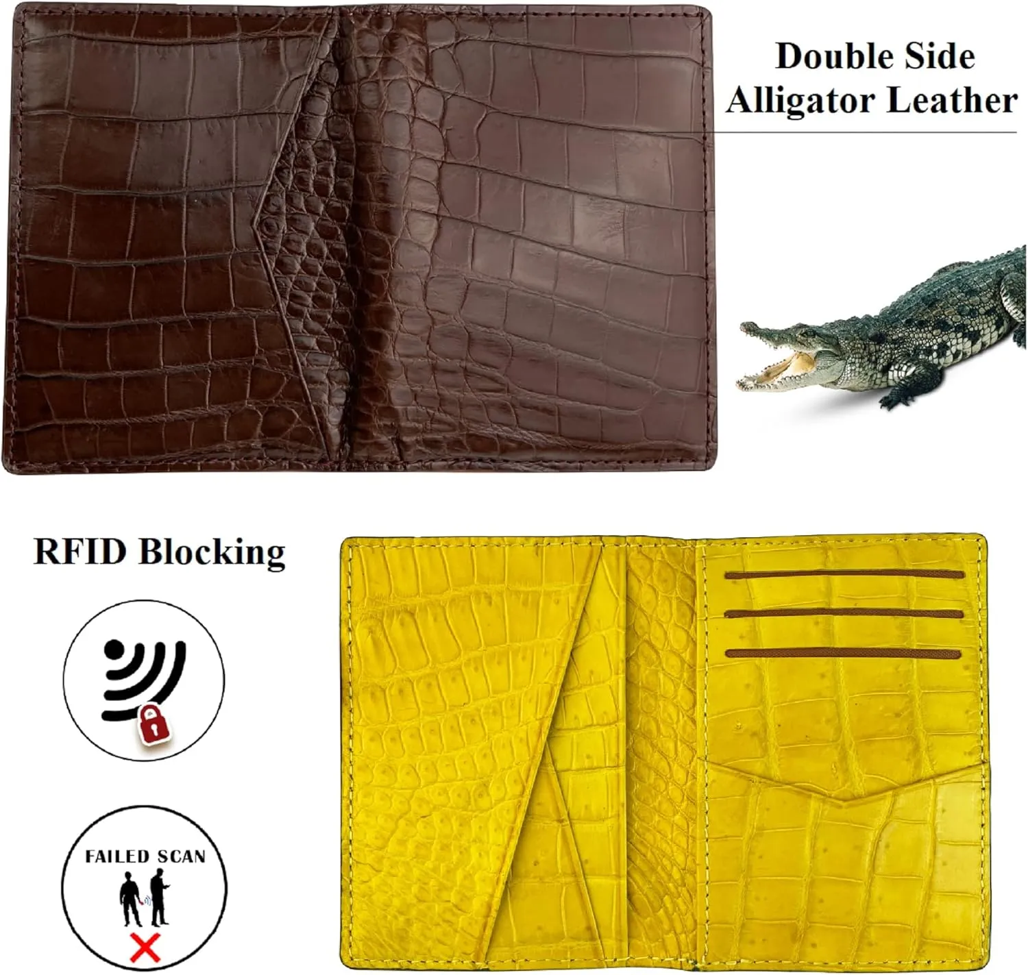 Brown-Yellow Men's Alligator Leather Credit Card Holder Slim Bifold Wallet RFID Blocking Double Side Crocodile Exotic Leather Business Card Case Minimalist Wallet Travel ID Front Pocket Gift Men Women