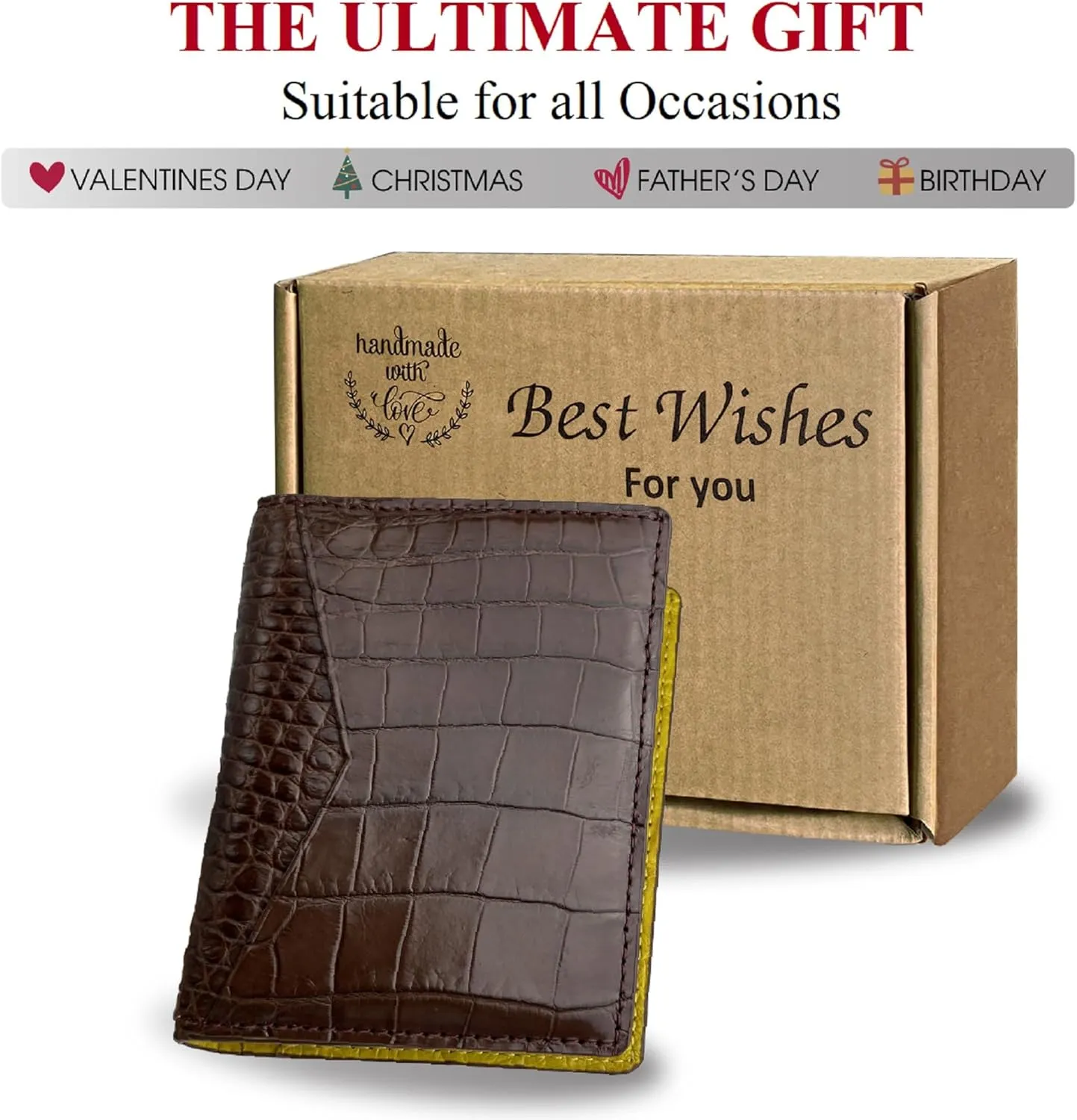 Brown-Yellow Men's Alligator Leather Credit Card Holder Slim Bifold Wallet RFID Blocking Double Side Crocodile Exotic Leather Business Card Case Minimalist Wallet Travel ID Front Pocket Gift Men Women