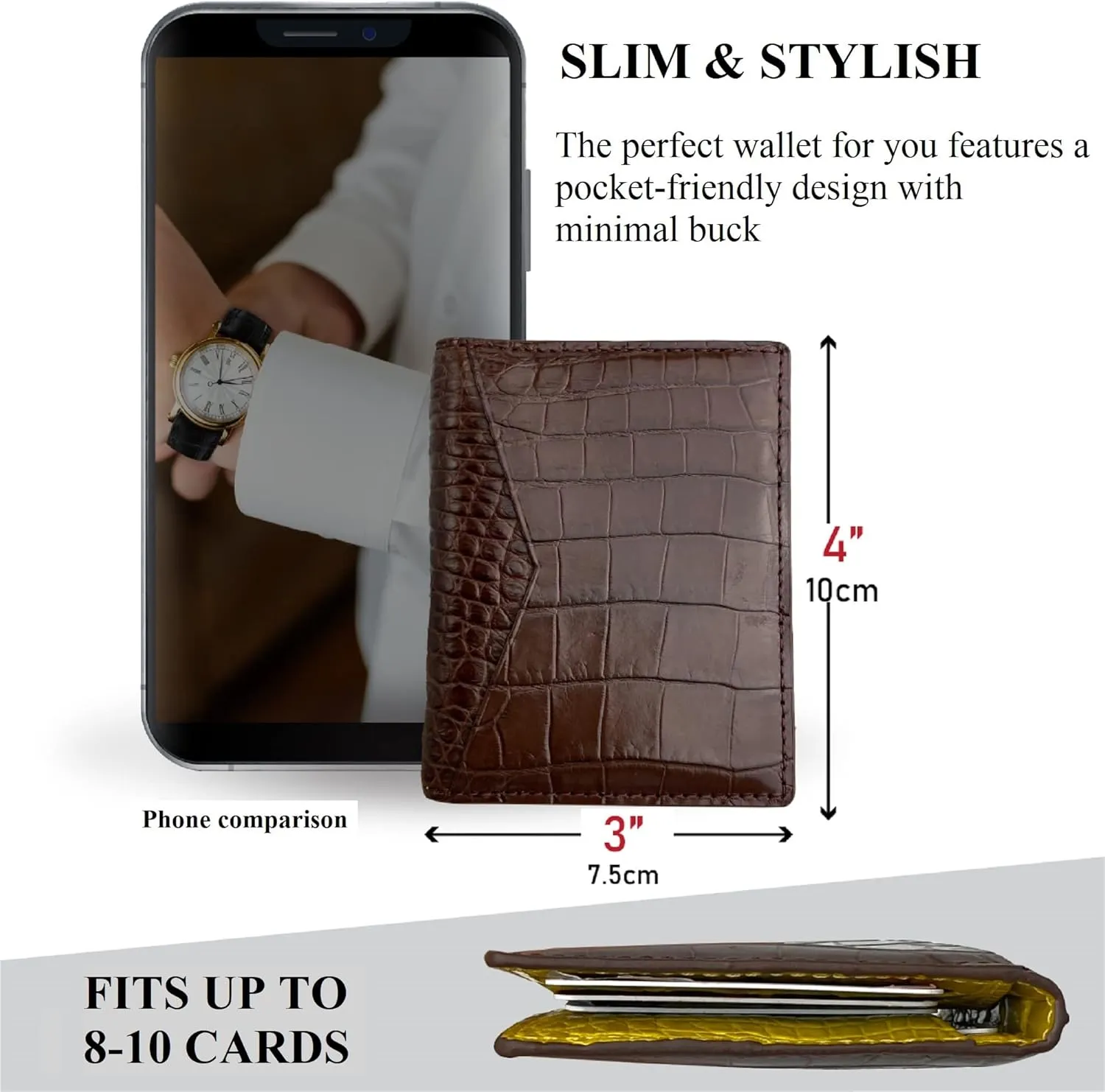 Brown-Yellow Men's Alligator Leather Credit Card Holder Slim Bifold Wallet RFID Blocking Double Side Crocodile Exotic Leather Business Card Case Minimalist Wallet Travel ID Front Pocket Gift Men Women