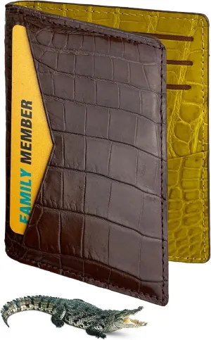 Brown-Yellow Men's Alligator Leather Credit Card Holder Slim Bifold Wallet RFID Blocking Double Side Crocodile Exotic Leather Business Card Case Minimalist Wallet Travel ID Front Pocket Gift Men Women