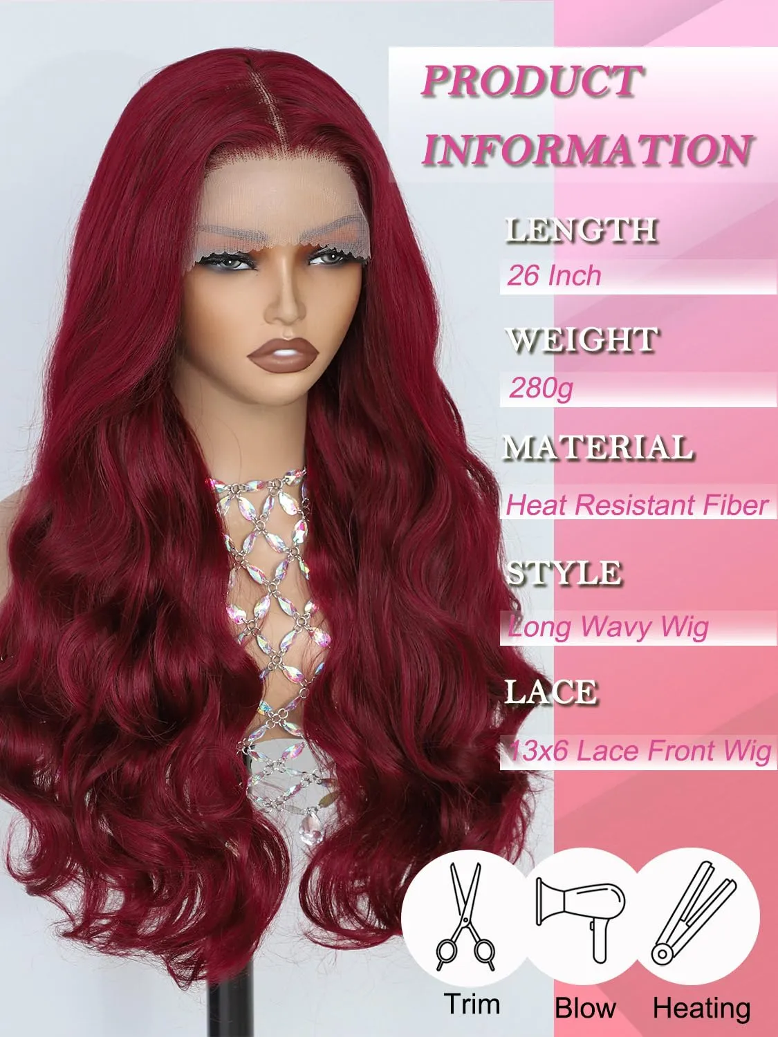 Burgundy 99J Synthetic Lace Front Wig for Women Long Wavy 13x6 HD Lace Frontal, Pre Plucked Hairline, Natural Density 26 Inch