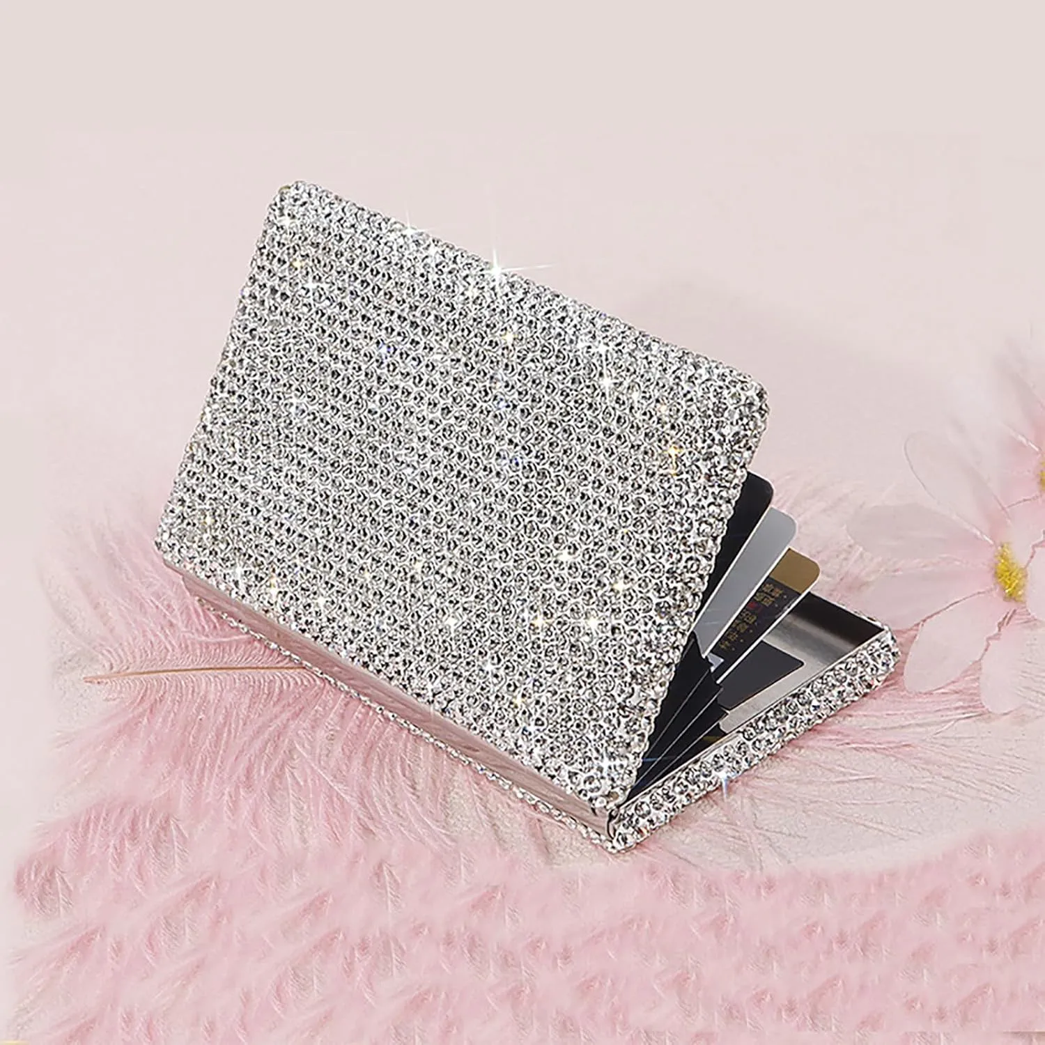 Business Card Case,Bling Cards Wallet Aluminum Purse Credit Card Organizing Hard Case Rhinestones Business Card Case Holder for Men & Women (Silvery)