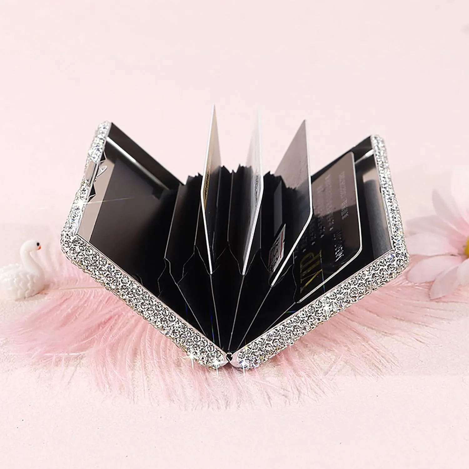 Business Card Case,Bling Cards Wallet Aluminum Purse Credit Card Organizing Hard Case Rhinestones Business Card Case Holder for Men & Women (Silvery)
