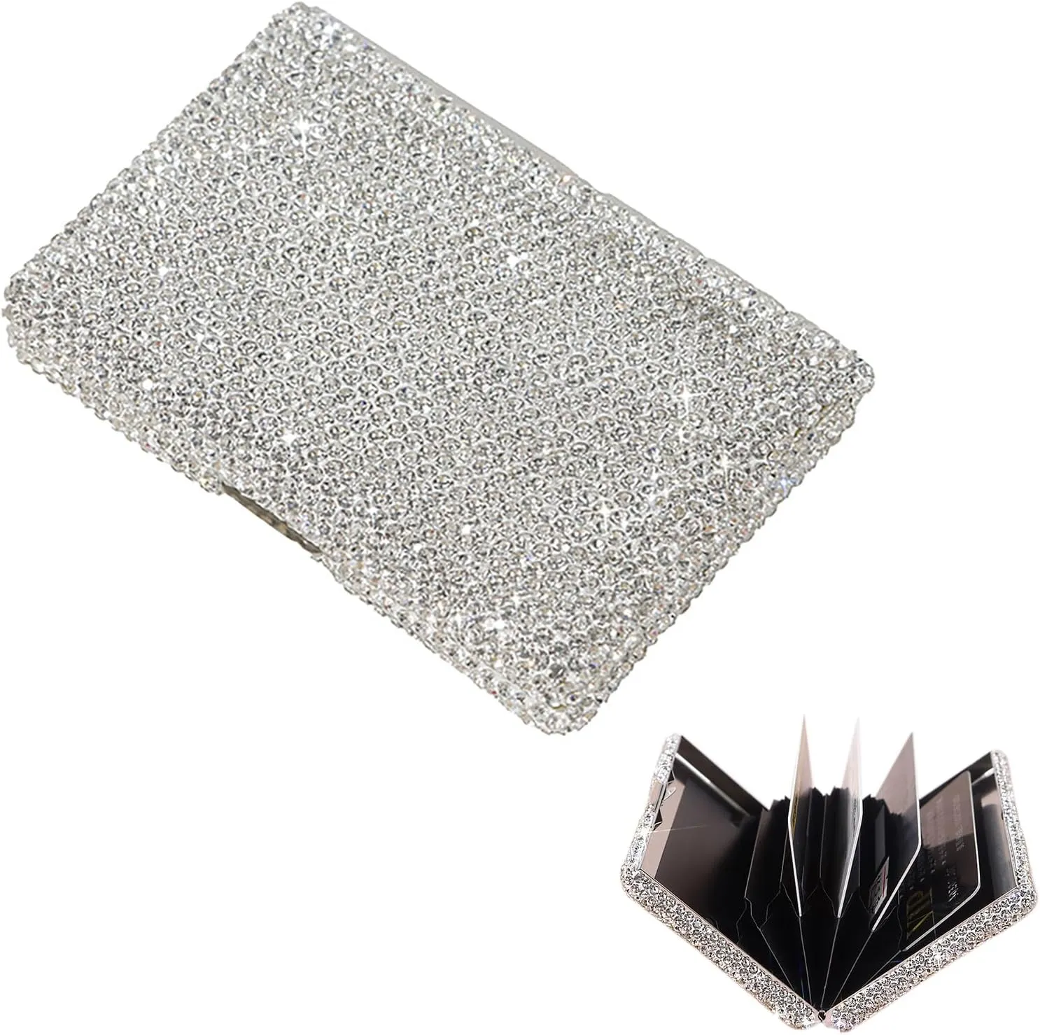 Business Card Case,Bling Cards Wallet Aluminum Purse Credit Card Organizing Hard Case Rhinestones Business Card Case Holder for Men & Women (Silvery)