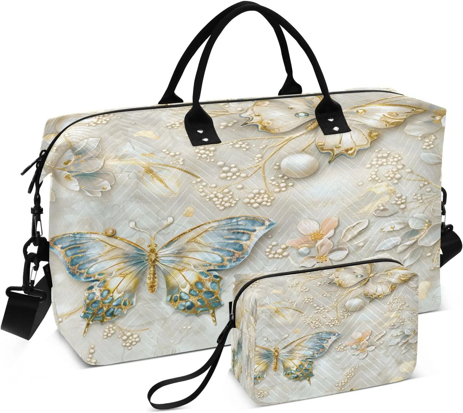 Butterfly Travel Duffle Bag Gym Bag, Golden Butterfly Weekender Bags for Women with Toiletry Bag Travel Tote Bag Swim Bag