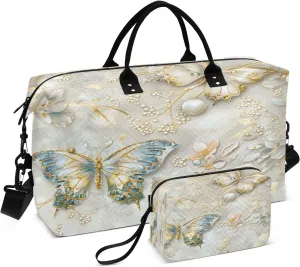 Butterfly Travel Duffle Bag Gym Bag, Golden Butterfly Weekender Bags for Women with Toiletry Bag Travel Tote Bag Swim Bag