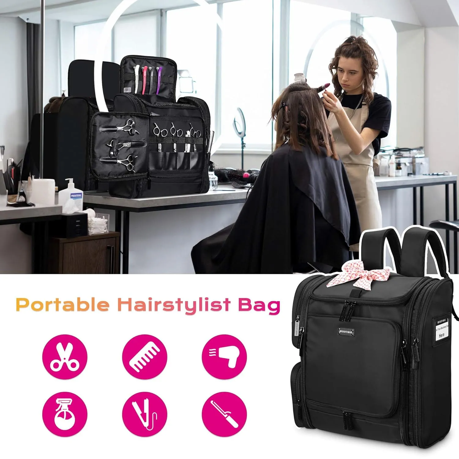 BYOOTIQUE Hairstylist Traveling Bag Hair Tools Travel Backpack Barber Travel Bag Cosmetology Bag Hairdresser Bag for Barber Styling Tools Curling Iron Hair Straightener Salon Barber Shop, Black