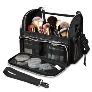 BYOOTIQUE Makeup Brush Case Portable Artist Brush Holder Stand-Up Travel Cosmetic Organizer Bag Large Professional Artist Storage Bag with Adjustable Dividers Shoulder Strap & Wrapped Ribbon (Black)