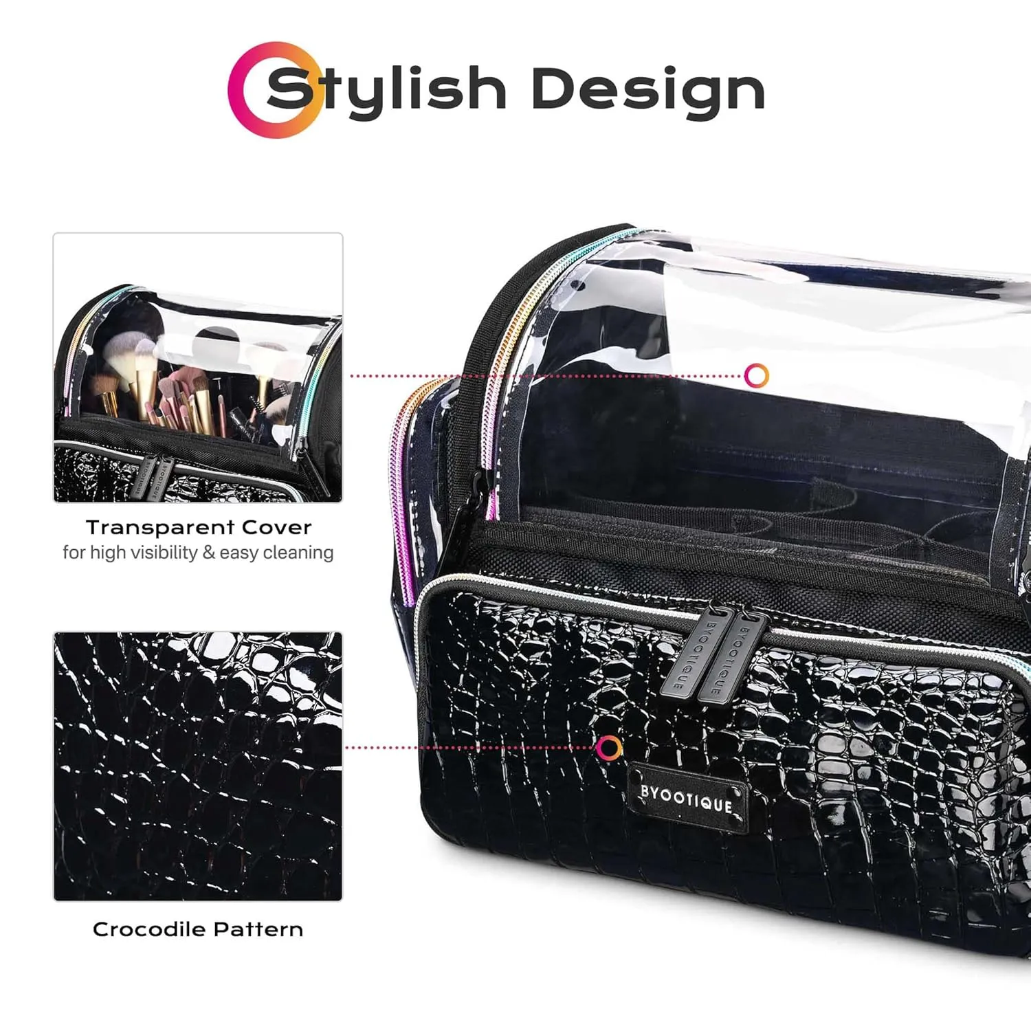 BYOOTIQUE Makeup Brush Case Portable Artist Brush Holder Stand-Up Travel Cosmetic Organizer Bag Large Professional Artist Storage Bag with Adjustable Dividers Shoulder Strap & Wrapped Ribbon (Black)