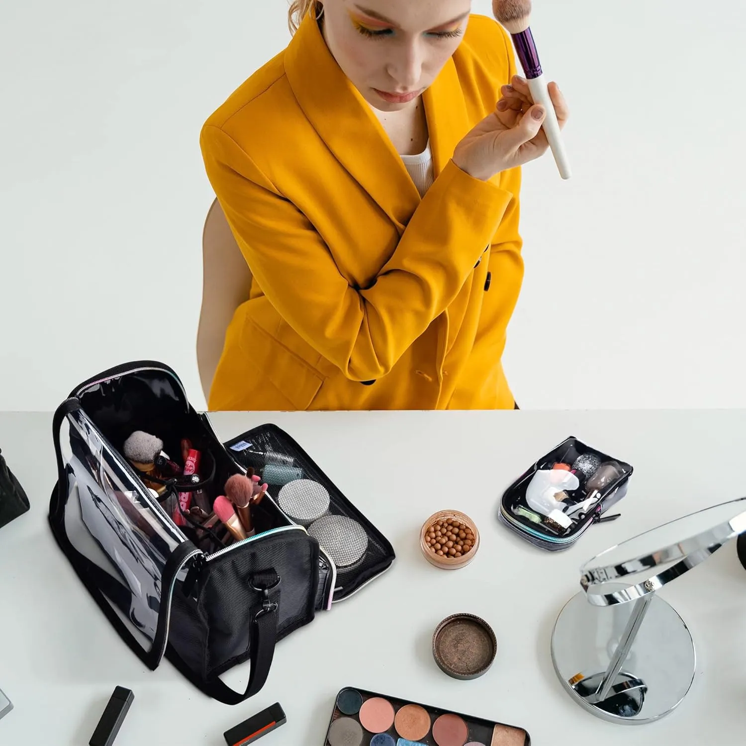 BYOOTIQUE Makeup Brush Case Portable Artist Brush Holder Stand-Up Travel Cosmetic Organizer Bag Large Professional Artist Storage Bag with Adjustable Dividers Shoulder Strap & Wrapped Ribbon (Black)