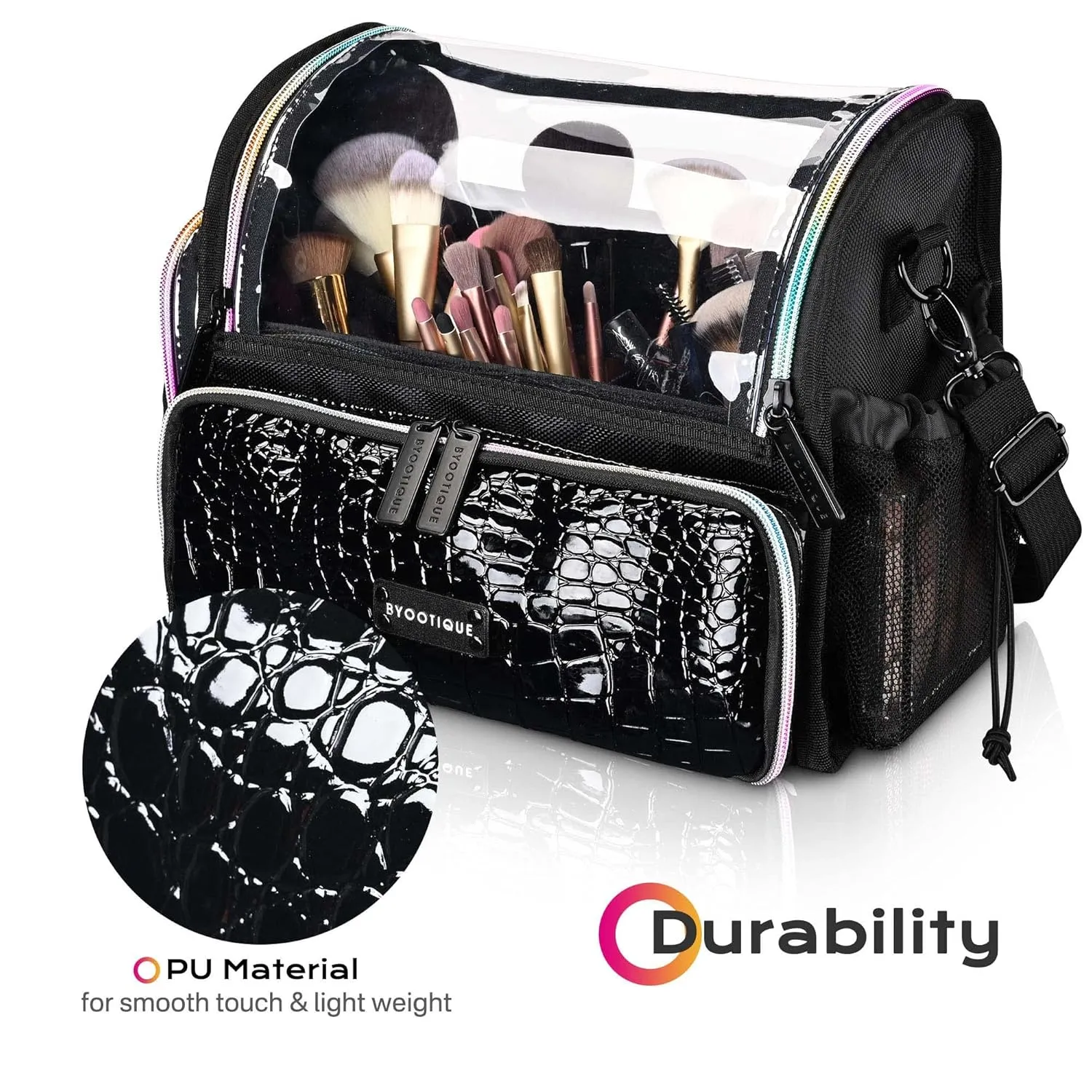 BYOOTIQUE Makeup Brush Case Portable Artist Brush Holder Stand-Up Travel Cosmetic Organizer Bag Large Professional Artist Storage Bag with Adjustable Dividers Shoulder Strap & Wrapped Ribbon (Black)