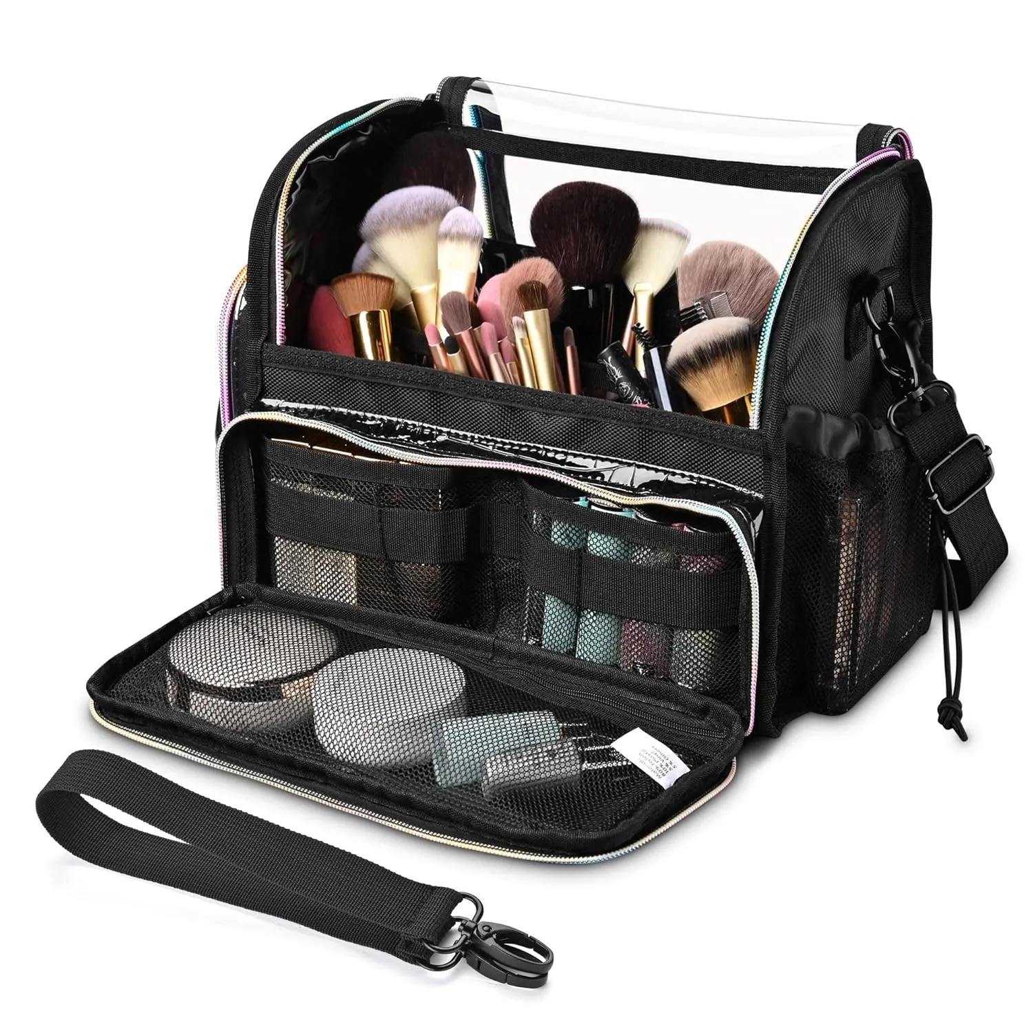 BYOOTIQUE Makeup Brush Case Portable Artist Brush Holder Stand-Up Travel Cosmetic Organizer Bag Large Professional Artist Storage Bag with Adjustable Dividers Shoulder Strap & Wrapped Ribbon (Black)