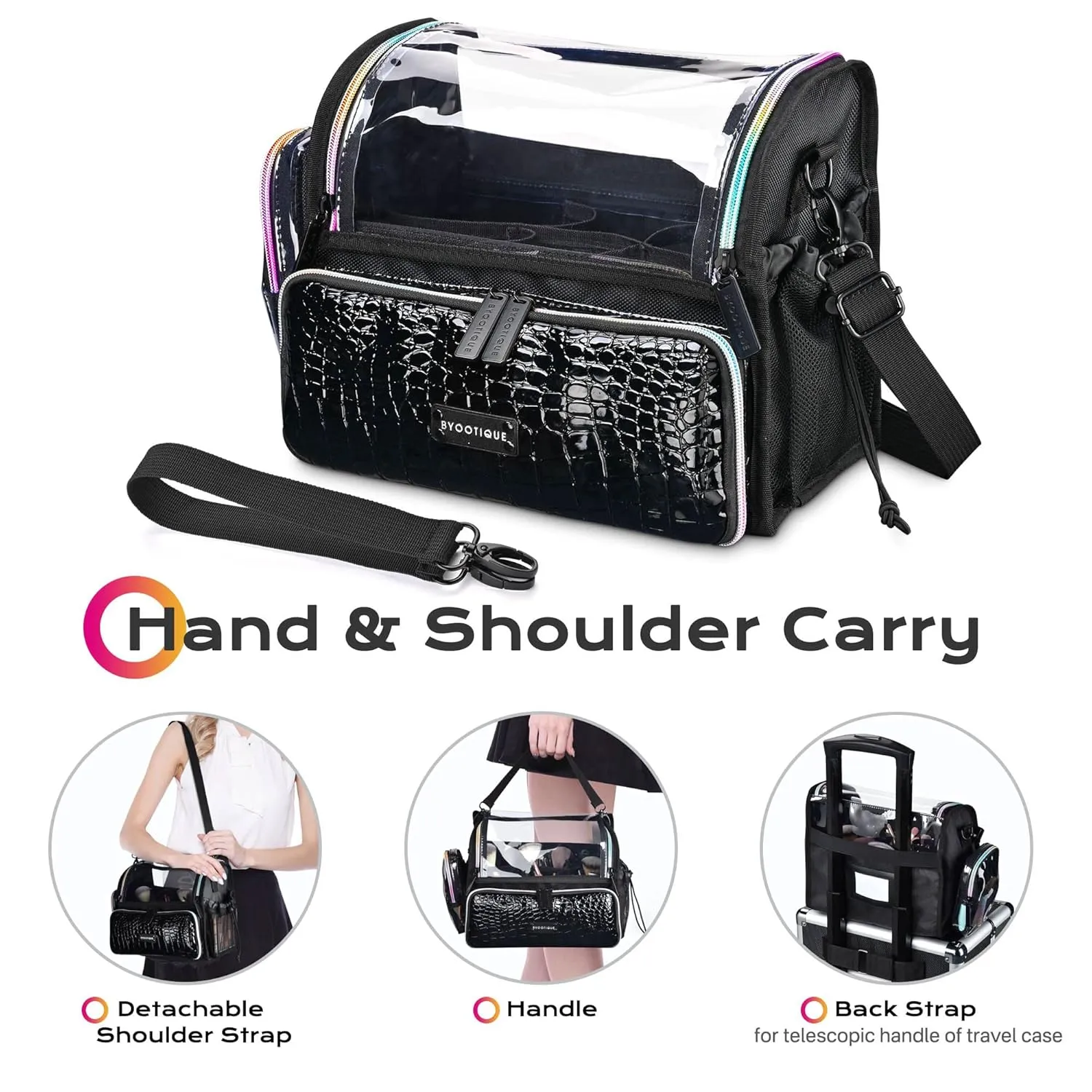 BYOOTIQUE Makeup Brush Case Portable Artist Brush Holder Stand-Up Travel Cosmetic Organizer Bag Large Professional Artist Storage Bag with Adjustable Dividers Shoulder Strap & Wrapped Ribbon (Black)
