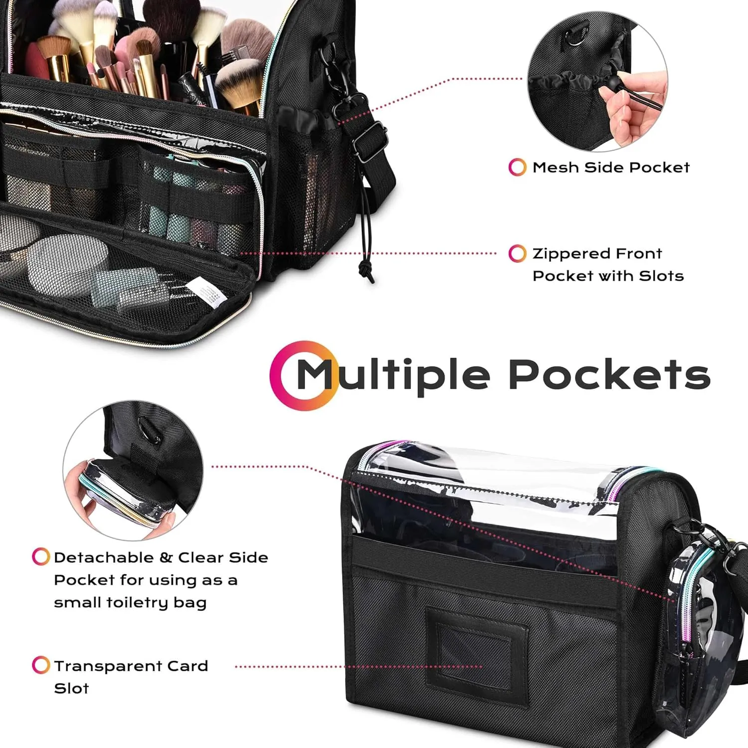 BYOOTIQUE Makeup Brush Case Portable Artist Brush Holder Stand-Up Travel Cosmetic Organizer Bag Large Professional Artist Storage Bag with Adjustable Dividers Shoulder Strap & Wrapped Ribbon (Black)
