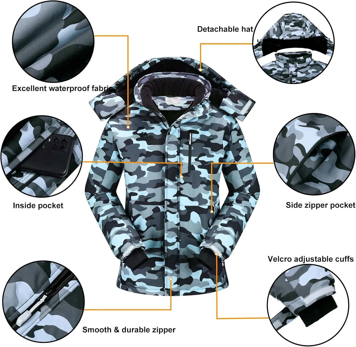 CAMEL CROWN Men's Mountain Snow Waterproof Ski Jacket Detachable Hood Windproof Fleece Parka Rain Jacket Winter Coat