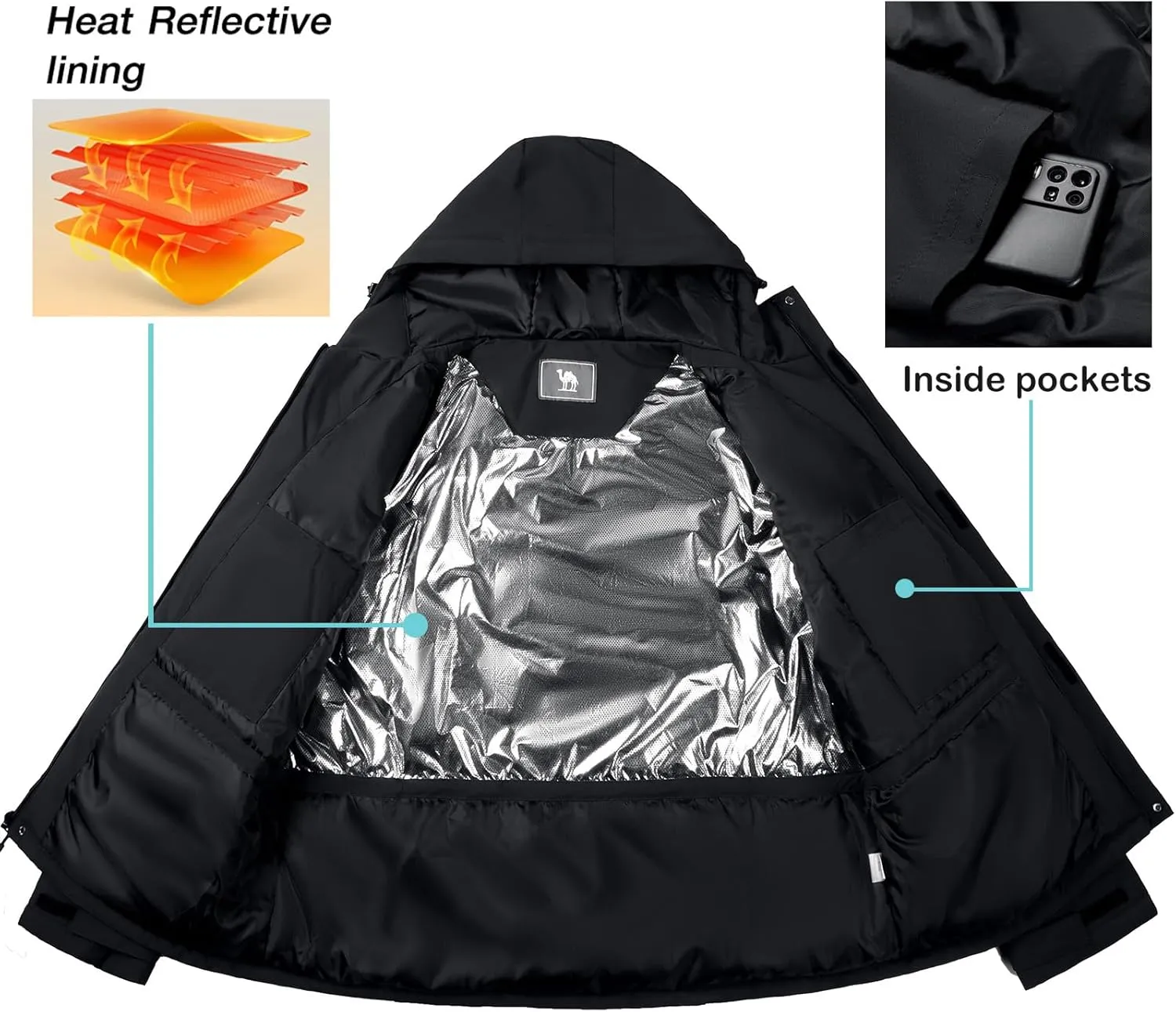 CAMEL CROWN Men's Winter Coat Waterproof Ski Jacket Hooded Windbreaker with Thermal Insulated for Snow Rain Hiking Outdoor