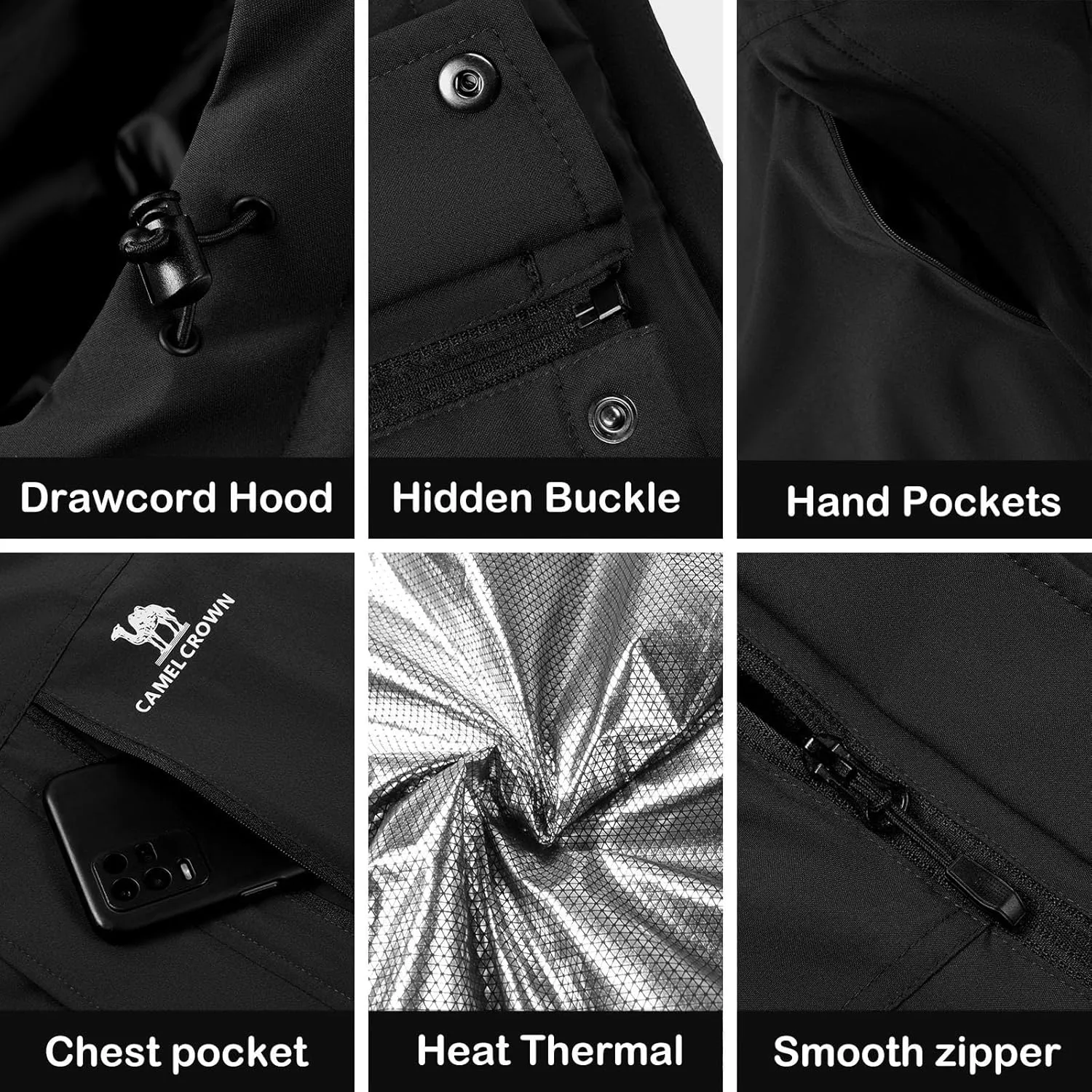 CAMEL CROWN Men's Winter Coat Waterproof Ski Jacket Hooded Windbreaker with Thermal Insulated for Snow Rain Hiking Outdoor