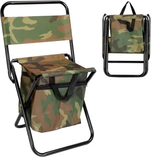 Camping Chair, Folding Outdoor Chair, Fishing Chair with Backrest Built-in Cooler Bag Portable Handle Outdoor Lightweight Fishing Stool for Camping Hiking Hunting, Camouflage