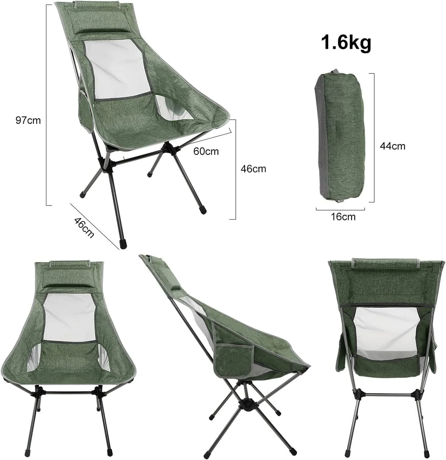Camping Chair Outdoor High Back Camping Chair Portable Folding Seat with Mesh Backrest Camping Fishing Stool with Quilted Pillow Folding Chair (Color : Black) (Grün One