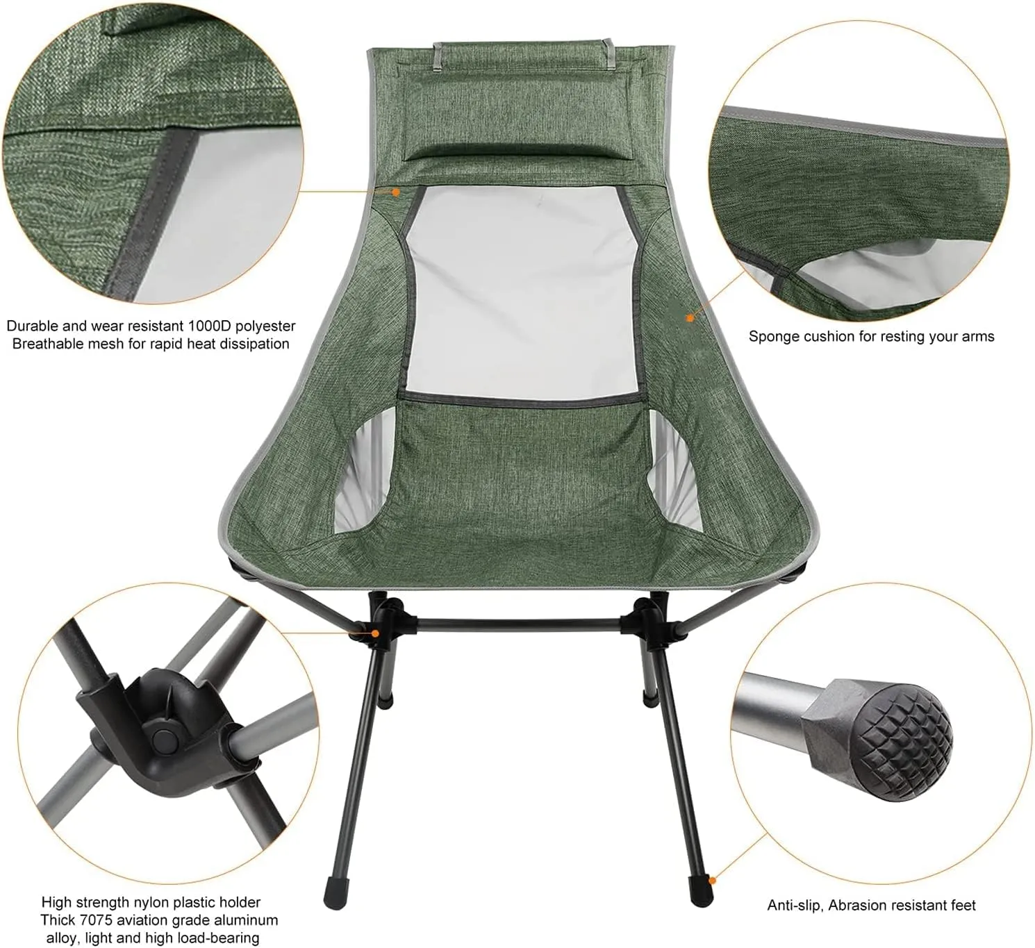 Camping Chair Outdoor High Back Camping Chair Portable Folding Seat with Mesh Backrest Camping Fishing Stool with Quilted Pillow Folding Chair (Color : Black) (Grün One
