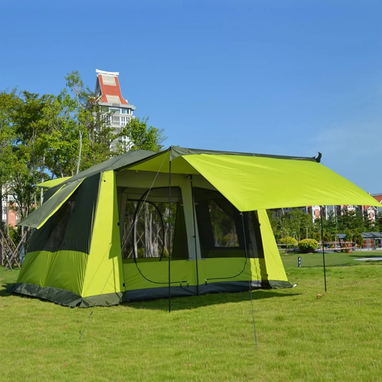 Camping Tent,Extra Large Tent 8 Person, Family Cabin Tents, 2 Rooms, 3 Doors and 3 Windows with Mesh, Waterproof, Double Layer, Big Tent for Outdoor, Hopeful, 400*300*215cm, Green