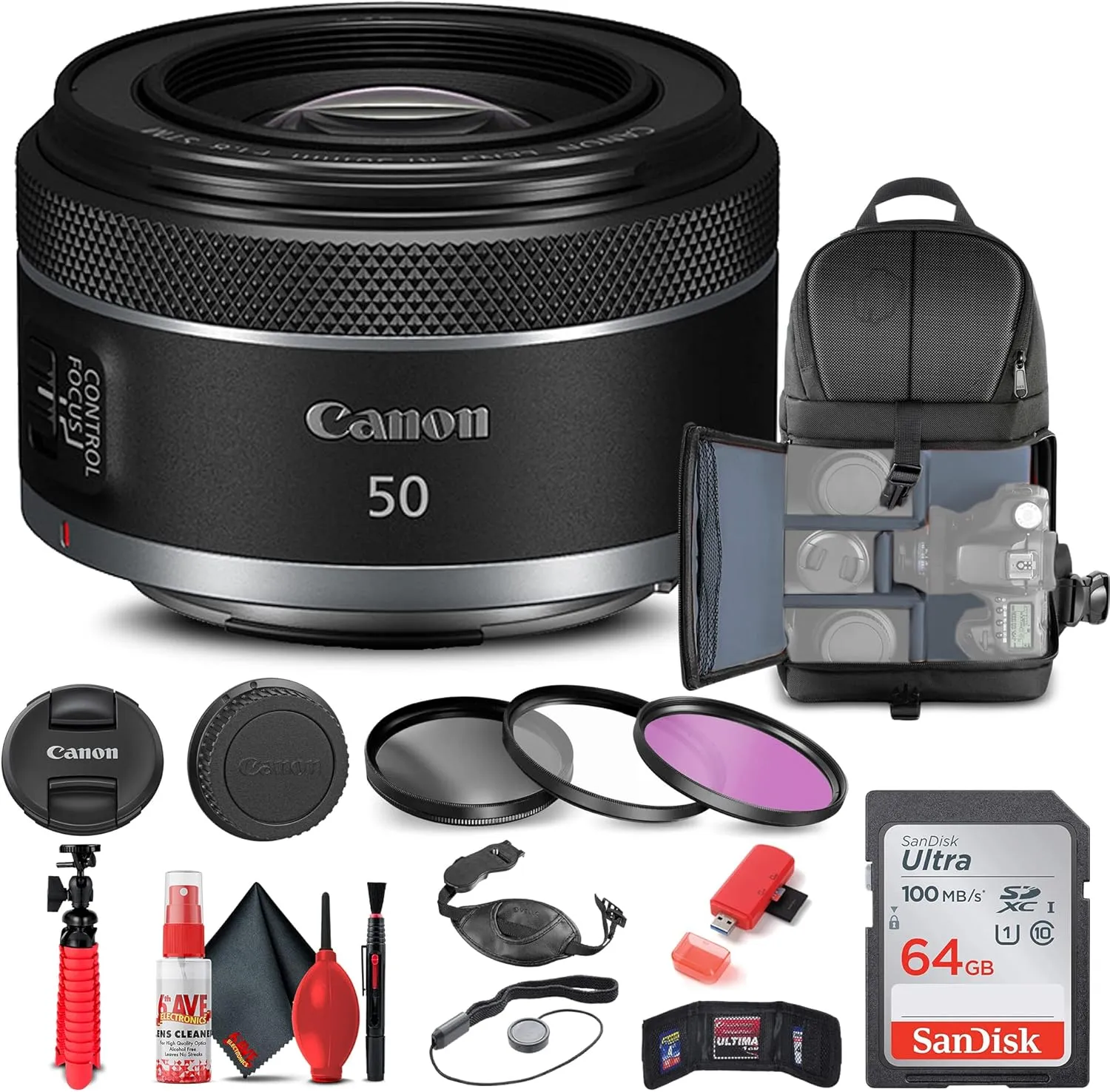 Canon RF 50mm f/1.8 STM Lens (4515C002)   Filter Kit   Backpack   64GB Card   Card Reader   Flex Tripod   Memory Wallet   Cap Keeper   Cleaning Kit   Hand Strap   More (Renewed)