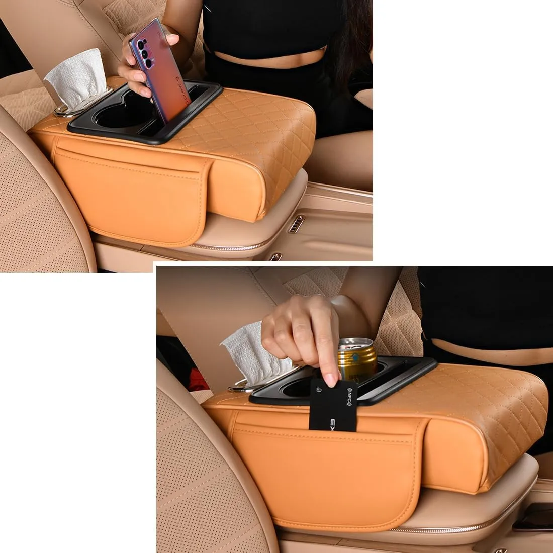 Car Armrest Cushion for SUV with Cup Holder 2.75"Height,5-in-1 Center Console Cover with 2 Storage Bags, Tissue Box Slot, Phone Slot for Sedans, Accessories Interior Organizers (Grey)