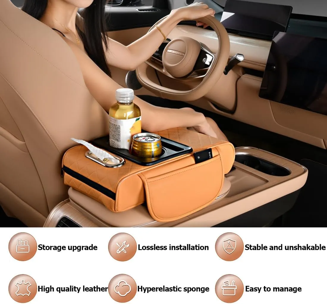 Car Armrest Cushion for SUV with Cup Holder 2.75"Height,5-in-1 Center Console Cover with 2 Storage Bags, Tissue Box Slot, Phone Slot for Sedans, Accessories Interior Organizers (Grey)