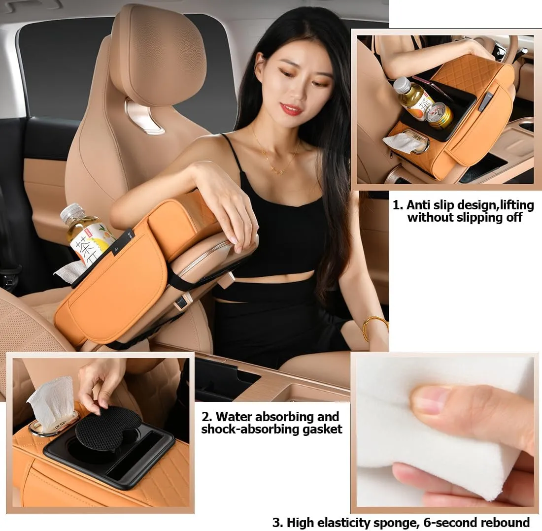 Car Armrest Cushion for SUV with Cup Holder 2.75"Height,5-in-1 Center Console Cover with 2 Storage Bags, Tissue Box Slot, Phone Slot for Sedans, Accessories Interior Organizers (Grey)