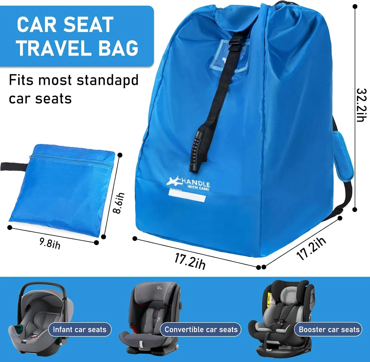 Car Seat Travel Bag for Airplane, Large Waterproof Car Seat Bags Fits Most Infant Car Seats, Convertible Car Seats, Booster Seats, Car Seat Bases, Adjustable Shoulder Strap, Blue