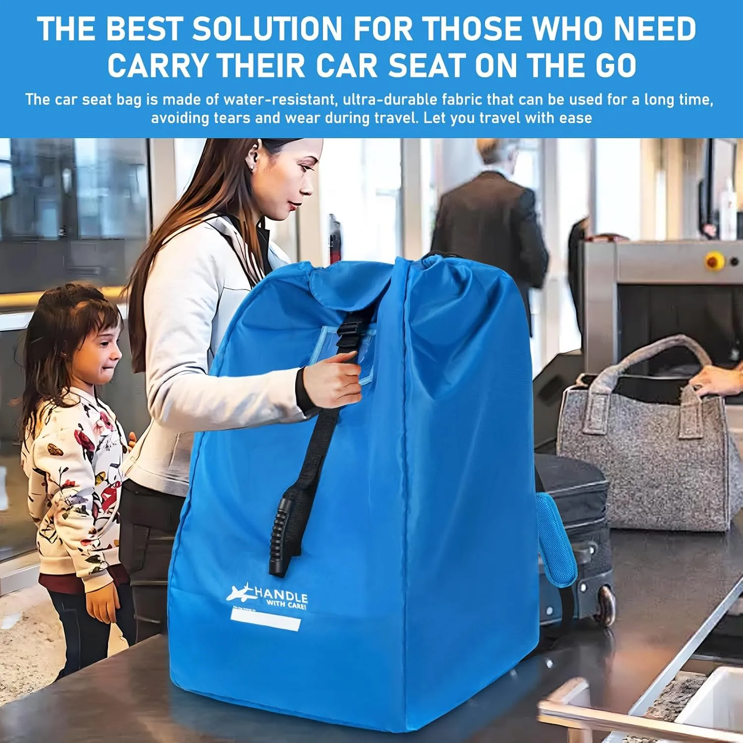 Car Seat Travel Bag for Airplane, Large Waterproof Car Seat Bags Fits Most Infant Car Seats, Convertible Car Seats, Booster Seats, Car Seat Bases, Adjustable Shoulder Strap, Blue